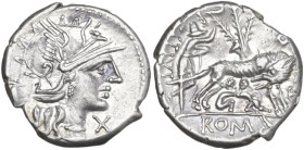 Sex. Pompeius Fostlus. AR Denarius, 137 BC. Obv. Helmeted head of Roma right; behind, jug; below chin, X. Rev. She-wolf suckling twins; behind, ficus ...