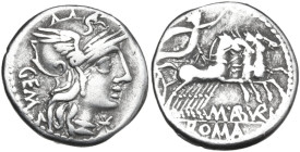C. Aburius Geminus. AR Denarius, 134 BC. Obv. Helmeted head of Roma right; behind, GEM; on the right, barred X. Rev. Mars in quadriga right; below, C·...