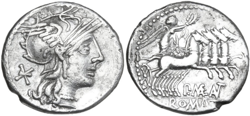 P. Maenius M.f. Antiaticus. AR Denarius, 130 BC. Obv. Helmeted head of Roma righ...