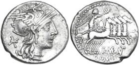 P. Maenius M.f. Antiaticus. AR Denarius, 130 BC. Obv. Helmeted head of Roma right; behind, barred X. Rev. Victory in quadriga right; below, P·MAE ANT ...