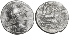 L. Opimius. AR Denarius, 131 BC. Obv. Helmeted head of Roma right; behind, wreath; below chin, barred X. Rev. Victory in quadriga right; below, L·OPEI...