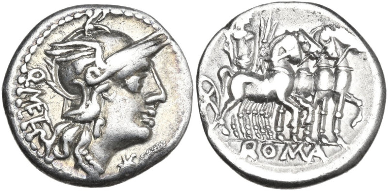 Q. Caecilius Metellus. AR Denarius, 130 BC. Obv. Helmeted head of Roma right; be...