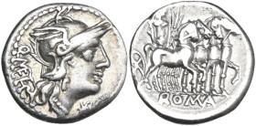 Q. Caecilius Metellus. AR Denarius, 130 BC. Obv. Helmeted head of Roma right; behind, Q·METE (ME and TE ligate); below chin, barred X. Rev. Jupiter in...