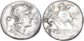 C. Servilius Vatia. AR Denarius, 127 BC. Obv. Helmeted head of Roma right; behind, lituus; below, ROMA; below chin, barred X. Rev. Battle on horseback...
