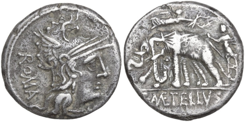 C. Caecilius Metellus Caprarius. AR Denarius, 125 BC. Obv. Head of Roma right, w...