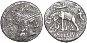 C. Caecilius Metellus Caprarius. AR Denarius, 125 BC. Obv. Head of Roma right, wearing Phrygian helmet; behind, ROMA; below chin, barred X. Rev. Jupit...