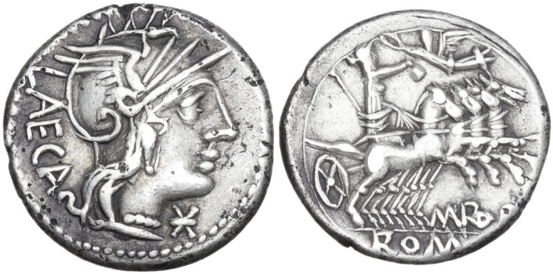 M. Porcius Laeca. AR Denarius, 125 BC. Obv. Helmeted head of Roma right; behind,...