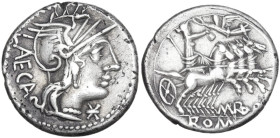 M. Porcius Laeca. AR Denarius, 125 BC. Obv. Helmeted head of Roma right; behind, LAECA; below chin, barred X. Rev. Libertas in quadriga right, crowned...