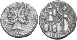 M. Furius Philus. AR Denarius, 119 BC. Obv. Laureate head of Janus; around, M·FOVRI·L·F. Rev. Roma standing left, crowning trophy; above, star; on rig...