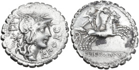 L. Licinius Crassus, Cn. Domitius Ahenobarbus and Porcius Licinius. AR Denarius serratus, Narbo mint, 118 BC. Obv. Helmeted head of Roma right; behind...