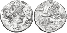 Q. Curtius and M. Silanus. AR Denarius, 116 or 115 BC. Obv. Helmeted head of Roma right; behind, X; before, Q·CVRT. Rev. Jupiter in quadriga right; ab...
