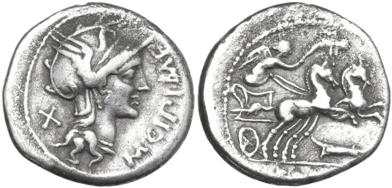 M. Cipius M.f. AR Denarius, 115 or 114 BC. Obv. Helmeted head of Roma right. Rev...