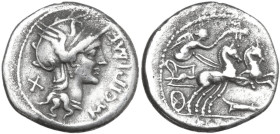 M. Cipius M.f. AR Denarius, 115 or 114 BC. Obv. Helmeted head of Roma right. Rev. Victory in biga right, holding reins and palm-branch; below, rudder;...