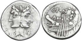 C. Fonteius. AR Denarius, 114 or 113 BC. Obv. Laureate Janiform head of Dioscuri; on left, control-mark; on right, barred X. Rev. Galley with pilot an...