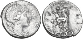 Mn. Aemilius Lepidus. AR Denarius, 114 or 113 BC. Obv. Laureate, diademed and draped head of Roma(?) right; on the left, barred X; on right, ROMA. Rev...