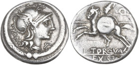 L. Torquatus. AR Denarius, 113 or 112 BC. Obv. Helmeted head of Roma right; behind, ROMA (MA ligate); below chin, X; torque as border. Rev. Warrior ga...