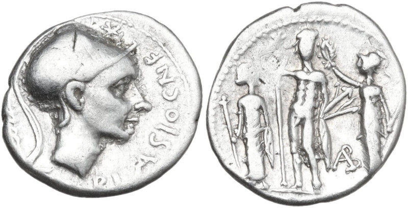 Cn. Blasio Cn.f. AR Denarius, 112-111 BC. Obv. Helmeted head right (Scipio Afric...