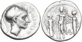 Cn. Blasio Cn.f. AR Denarius, 112-111 BC. Obv. Helmeted head right (Scipio Africanus the Elder or Blasio?); above, barred X; behind, palm-branch; befo...