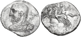 Ti. Quinctius. AR Denarius, 112 or 111 BC. Obv. Bust of Hercules left, seen from behind. Rev. Desultor galloping left; below, rat left between TI and ...
