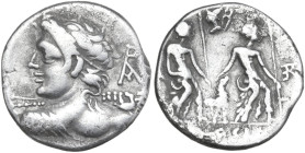 Lucius Caesius. AR Denarius, 112-111 BC. Obv. Youthful bust of Vejovis left, seen from behind, holding thunderbolt in upraised right hand; in right fi...