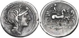 Appius Claudius Pulcher, T. Manlius Mancinus and Q. Urbinius. AR Denarius, 111 or 110 BC. Obv. Helmeted head of Roma right; behind, quadrangular devic...