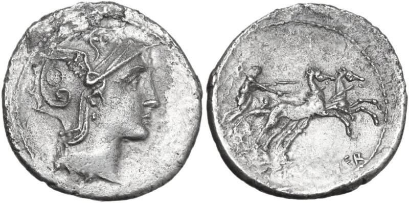 C. Claudius Pulcher. AR Denarius, 110 or 109 BC. Obv. Helmeted head of Roma righ...