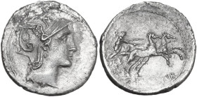 C. Claudius Pulcher. AR Denarius, 110 or 109 BC. Obv. Helmeted head of Roma right. Rev. Victory in biga right; in exergue, C·PVLCHER. Cr. 300/1; B. 1 ...
