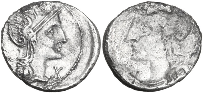 P. Laeca. AR Brockage Denarius, 110 or 109 BC. Obv. Helmeted head of Roma right;...