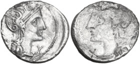 P. Laeca. AR Brockage Denarius, 110 or 109 BC. Obv. Helmeted head of Roma right; above, ROMA; behind, P·LAECA; below chin, X. Rev. Incuse of the overs...