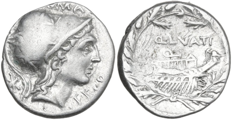 Q. Lutatius Cerco. AR Denarius, 109 or 108 BC. Obv. Helmeted head of Roma right;...