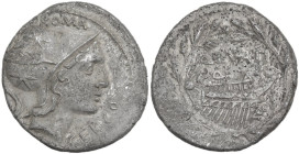 Q. Lutatius Cerco. Fourreè (?) Denarius, 109 or 108 BC. Obv. Helmeted head of Roma right; above, ROMA; behind, barred X; below chin, CERCO. Rev. Ship ...