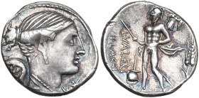 L. Valerius Flaccus. AR Denarius, 108 or 107 BC. Obv. Draped bust of Victory right; below chin, barred X. Rev. Mars walking left, holding spear and tr...