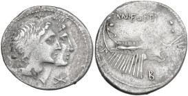 Mn. Fonteius. AR Denarius, 108-107 BC. Obv. Jugate and laureate heads of the Dioscuri right; before, PP; below their chins, barred X. Rev. Ship right ...