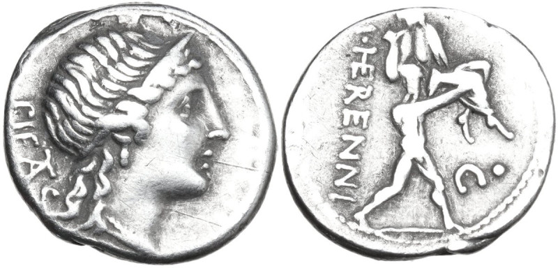 M. Herennius. AR Denarius, 108-107 BC. Obv. PIETAS. Diademed head of Pietas righ...