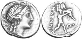 M. Herennius. AR Denarius, 108-107 BC. Obv. PIETAS. Diademed head of Pietas right; dotted and linear border. Rev. M. HERENNI. One of the Catanean brot...