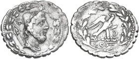 Lucius Aurelius Cotta. AR Denarius serratus, 105 BC. Obv. Draped bust of Vulcan right; behind, tongs and XVI monogram; all within myrtle-wreath. Rev. ...