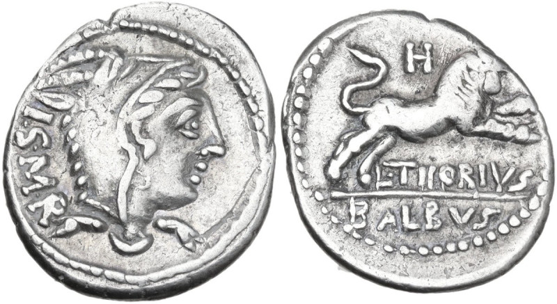 L. Thorius Balbus. AR Denarius, 105 BC. Obv. Head of Juno Sospita right, wearing...