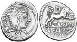 L. Thorius Balbus. AR Denarius, 105 BC. Obv. Head of Juno Sospita right, wearing goat-skin; behind, I·S·M·R. Rev. Bull charging right; above, control-...