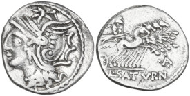 L. Appuleius Saturninus. AR Denarius, 104 BC. Obv. Helmeted head of Roma left. Rev. Saturn in quadriga right; above, control-mark; in exergue, L·SATVR...