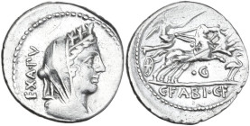 C. Fabius C. f. Hadrianus. AR Denarius, 102 BC. Obv. Veiled and turreted head of Cybele right; behind, EX·A·PV. Rev. Victory in biga right; below, bir...