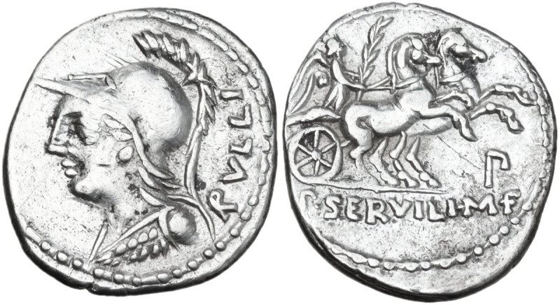 P. Servilius M.f. Rullus. AR Denarius, 100 BC. Obv. Helmeted head of Minerva lef...