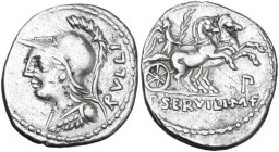 P. Servilius M.f. Rullus. AR Denarius, 100 BC. Obv. Helmeted head of Minerva left; behind, RVLLI. Rev. Victory in biga right; below, P; in exergue, P·...