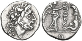 T. Cloulius. AR Quinarius, 98 BC. Obv. Laureate head of Jupiter right; below, control-mark. Rev. Victory standing right, crowning trophy; before troph...