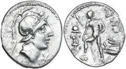 C. Poblicius Malleolus, A. Postumius Sp. f. Albinus and L. Metellus. AR Denarius, 96 BC. Obv. Helmeted head of Mars right; above, hammer and below chi...