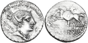 C. Publicius Malleolus, A. Postumius Sp. f. Albinus and L. Metellus. AR Denarius, late 90s BC. Obv. Draped bust of Diana right, bow and quiver over sh...