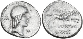 L. Calpurnius Piso Frugi. AR Denarius, 90 BC. Obv. Laureate head of Apollo; behind, spear-head. Rev. Horseman galloping; below, L•PISO•FRVGI and LXXVI...
