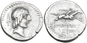 L. Calpurnius Piso Frugi. AR Denarius, 90 BC. Obv. Laureate head of Apollo; behind, spear-head. Rev. Horseman galloping; below, L•PISO•FRVGI and XVIII...