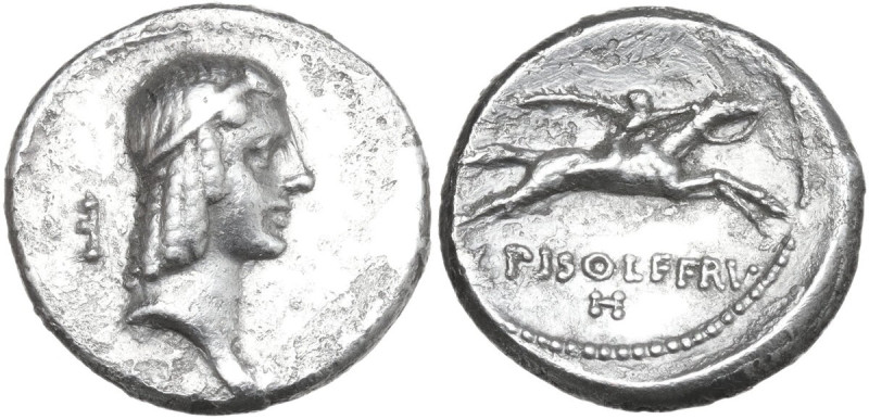 L. Calpurnius Piso Frugi. AR Denarius, 90 BC. Obv. Laureate head of Apollo. Rev....