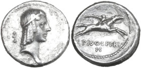 L. Calpurnius Piso Frugi. AR Denarius, 90 BC. Obv. Laureate head of Apollo. Rev. Horseman galloping; below, L•PISO•FRVGI; below, monogram. Cr. 340/1; ...