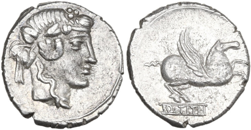 Q. Titius. AR Denarius, 90 BC. Obv. Head of Mutinus Titinus-Priapus right, weari...